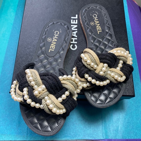 CHANEL Shoes - Chanel Cord and Pearl Slide Mule Sandal